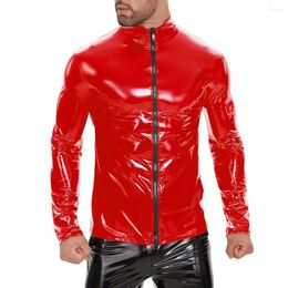 Men's Jackets Faux Leather Jacket Men Glossy Solid Colour Stand Collar Zipper Mid Length Party Nightclub Performance Motorcycle
