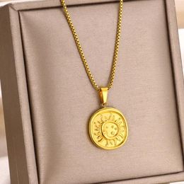 Pendant Necklaces Stainless Steel Sun Moon Coin For Women Vintage Gold Colour Box Chain Round Choker Geometric Jewellery Gifts