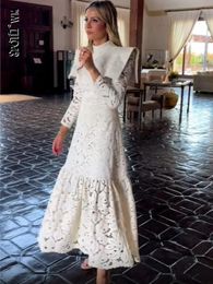 Women White Lace Hollow Out Maxi Dress Aline High Collar Long Sleeve Office Vestidos 2024 Fashion Lady Elegant Streetwear 240312