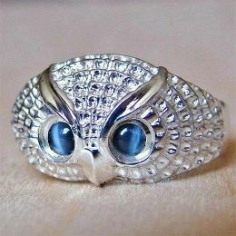 Cute Rhinestone Owl 14K White Gold Ring Blue Eyes Simple Style Girl Woman Popular Ring Fashion Men Jewelry Gifts Adjustable