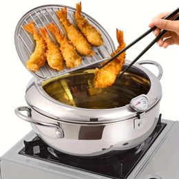 1pc Deep Fryer, Frying Pan Lid, Stainless Steel Fryer with Temperature Control Oil Drop Philtre Rack, Suitable for French Fries, Chicken and More, Gas