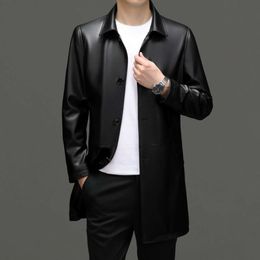 Mens Genuine Leather Jacket Sheepskin Spring and Autumn Mens Clothing Medium Length Lapel Casual Coat