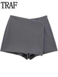 TRAF Grey Skirt Shorts High Waist Wrap Short Skirts Women Y2K Streetwear Asymmetric Skort Spring Fashion Casual Skirt Pants 240323