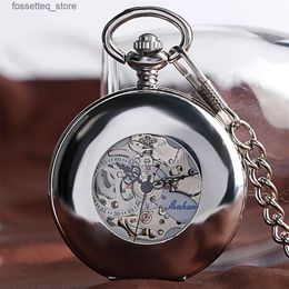 Pocket Watches Polishing Smooth Silver/Black/Bronze Self Winding Mechanical Pocket Hollow Circle Cover Retro Automatic Pendant Timepiece L240322