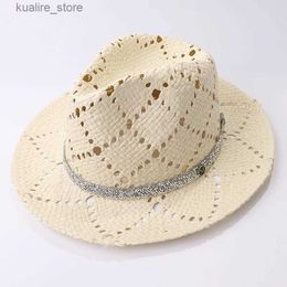 Wide Brim Hats Bucket Hats Wide brown sun hat with floral pattern Panama hat Ivory crystal band mens hat Summer womens hat Holiday Derby beach hat L240322