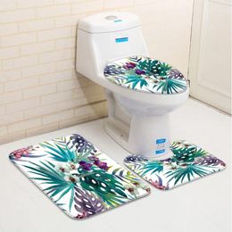 Bath Mats Set Of 3 Leaves Bathroom Rugs Tropical Rainforest Palm Green Low Pile Memory Foam Mat Toilet Cover U-Shaped Carpet