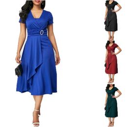 Cd07 Plus Size Fashion Womens Slim Short Sleeve Temperament Asymmetric Irregular V-neck Solid Colour Party Evening Dress