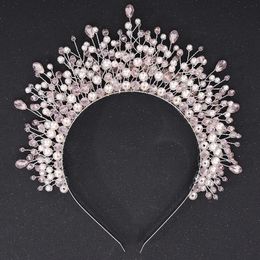 Pink Crystal Bridal Hair Piece Women Handmade Wedding Headband Crown Fashion Party Hair Accessories Diamonds Bridesmaid Tiaras 240315