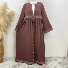 Ethnic Clothing Dubai Turkey Pearl Button Fashion Elegant Diamond Solid Color Bbat Sleeve Robe Modest Khimar Hijab Abaya With Pockets