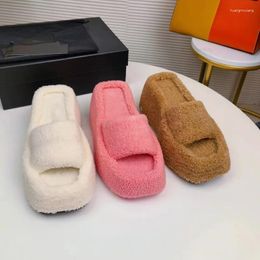 Slippers Platform Wool Lamb For Women Winter Warm Solid Color Designer Slides Square Toe Slip On Thick Bottom Sandals Brand Boot