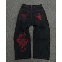 Mens Cotton Fashion Fully Embroidered Skull Loose Straight Casual Jeans Pants High Street Hip-Hop Y2K Vintage Pants 240311