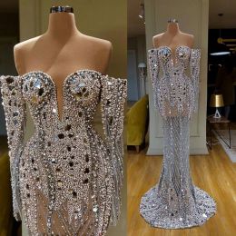 New Gorgeous Mermaid Prom Dresses Off Shoulder Deep V-Neck Long Sleeve Sequins Shine Crystal Pearls Gowns Sweep Train Prom Gowns party Special Occasion