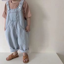 7509 Children Overalls Cotton Thin Denim Suspenders Pants Baby Boys Retro Casual Loose Girls Kids Jumpsuit 240307