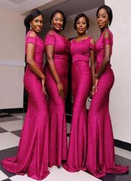 2019 Fuchsia Plus Size Bridesmaid Dresses Long Off Shoulder Bead Mermaid Evening Wear Nigeria African Wedding Guest Bridesmaids Dr6242710