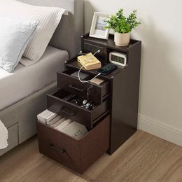 Lovitgo Drawer LED Fast Charging, 3 USB Ports and 2 Power Sockets, Bedside Table with Open Shees, 29 Inch Lock, Suitable for Bedroom, Coffee Colour