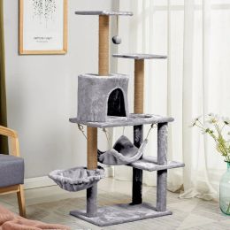 Scratchers Multilevel Cat Tree House Wooden Cat Climbing Tower Sisal Rope Cat Scratching Posts Plush Cloth Hammock Cat House Condos Pet Bed