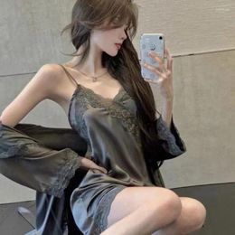 Women's Sleepwear Latest Sexy Ice Silk Halter Nightdress Ladies Spring Autumn Nightgown Solid Color V Neck Pajamas Simple Lace Lacework