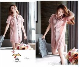 Ice silk Pyjamas ladies sexy Pyjamas comfortable increase simulation silk loose lapel shirt short-sleeved home service 007