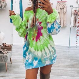 Casual Dresses Women One Shoulder Dress Long Sleeve Tie Dye Swing Loose T Shirt Cotton Linen Midi Slip For Vestidos