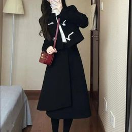 Two Piece Dress UNXX Chic 2 And Skirt Set Minimalist Premium Horn Button Coat Black Tweed Casual Style Female Office Lady