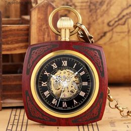 Pocket Watches Antique Red Wooden/Bamboo Carving Self-Winding Mechanical Pocket with Gold Chain open Cover Retro Men Clock Xmas Gifts L240322