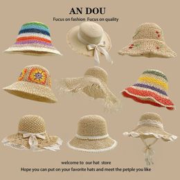 Spring Summer Korean Sweet Big Brim Straw Sun Hat Women Seaside Sunshade Sunscreen Bucket Basin 240318