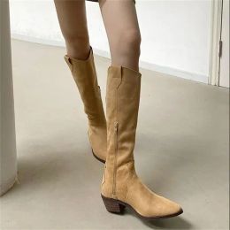 Boots Shoes for Woman Western Women's Boots Winter Knee High Shaft Footwear Denim Cowgirl Pointed Toe Long Punk Cowboy Y2k Boot Work