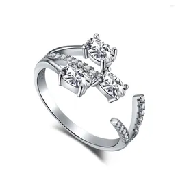 Cluster Rings S925 Sterling Silver Three Diamond Ring Beautiful Women's Simulated Open