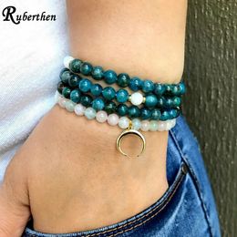 Ruberthen 6 MM Agrade Apatite Wrist Mala Women's Natural Morgan Agate Gemstone Yoga Malas Bracelet Moon Charm Jewelry 240320