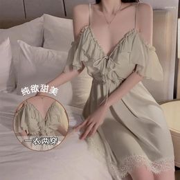 Women's Sleepwear Lace Trim Nightgown Women Ice Silk Sleepdress Sexy Strap Backless Nightdress Gown Summer Loungewear