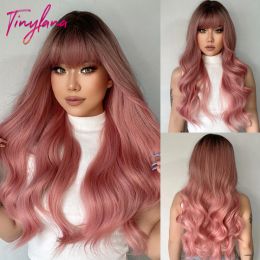 Wigs Long Wavy Black Pink Grey Synthetic Hair Wigs with Bangs for Women Natural Body Wave Cosplay Ash Pink Ombre Heat Resistant Wig