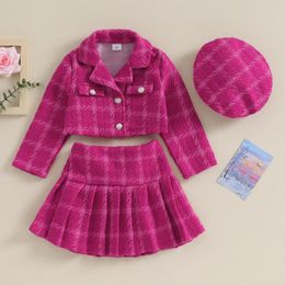 Fashion Infant Girls 3 Pcs Outerwear Causal Long Sleeve Button Coat Pleated Plaid Skirt Hat Toddler Clothing Set 4-7 Years 240319