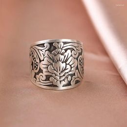 Cluster Rings S925 Silver Ring Elegant Temperament Wide Edition Design Sense Embossed Peony Flower Women's