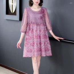 Casual Dresses Summer Women Embroidery A Line Lace Patchwork Purple Dress Woman Clothing 4xl 5xl Mesh Above Knee Length