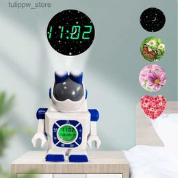 Desk Table Clocks Robot Figurines Table Clock Projector Digital Alarm Clock LED Desk Time Date Display Projection Calendar Backlight Kids Bedside L240323