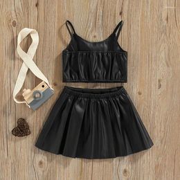 Clothing Sets 1-6 Years Solid Baby Girl Set Kids Girls Casual Suit Sleeveless Sling Tops Button Pleated Short Skirt Black