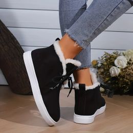 Boots Winter Fur Lined Loafers for Women Casual Canvas Slip on Soft Lightweight Flats Comfort Elastic Lace up Low Top Boat Shoes