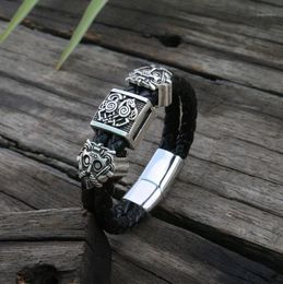 Charm Bracelets Viking Slavic Cowhide Bracelet Men Black Braided Leather Cuff Stainless Steel Magnetic Clasp 100 Genuine Bangles11925143