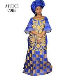 African Dresses For Woman Bazin Riche Computer Emboridery Plus Size Long Dress With Scarf 240315