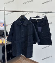 xinxinbuy Men designer Tee t shirt 2024 Italy emboss letter jacquard fabric denim sets short sleeve cotton women Grey blue black apricot M-2XL