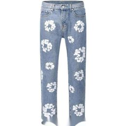 Teers Jeans Teaes Baggy Designer Cotton Wreath Jean Light Wash Men Hip Hop Pants Fashion Flower Printed 205