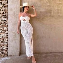 Kintted Bikini Cover Up Beach Sexy Off Shoulder See Through Maxi High Slit Bodycon Summer Dress Swimsuit Cover-ups Robe