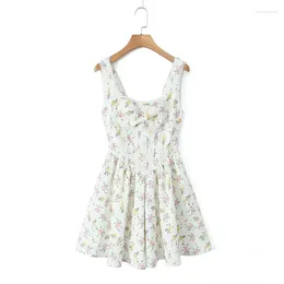 Casual Dresses YENKYE Summer 2024 Bow Floral Print Lace Trim Mini Dress Women Low Waist Pleated Hem Party Tank Holiday Robe