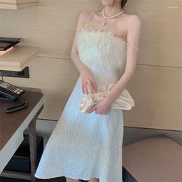 Casual Dresses Celebrity Party Elegant Ladies Spring Fall Furry Strapless Pearl Tweed Straps Dresss Retro Long A-line Vestido De Mujer
