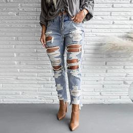 Women's Jeans Women Sexy Ripped Holes Skinny 2024 Spring High Waist Stretchy Distressed Denim Pants Streetwear Vintage Ladies Trousers