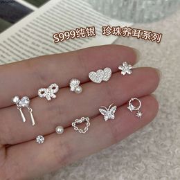 999 Sterling Silver Exquisite Zircon Love Ear Studs for Female Ins Junior High Sense Overlay Edition Sweet Jewellery