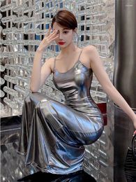Casual Dresses WOMENGAGA 2024 Sexy Spicy Girl Pu Metal Silvery Bright Sling Dress Female Elegant Leather Fashion Women Tops T8PQ