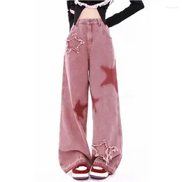 Women's Jeans Vintage Pink Star Letters Printed Women High-waisted American Street Wide Leg Pants Hip-hop Y2k Chic Straight Winter
