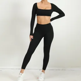 Women's Two Piece Pants 2 Gym Set With Cups Women Sportswear Autumn Winter Long Sleeve Square Collar Sport Suit For Fitness Yoga Workout