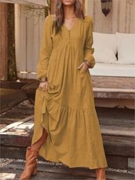 Cotton Linen Women Long Dress 2023 Loose Fashion VNeck Casual Solid Sleeve ALine Sexy Dresses Elegant Ruffles Vestido 240322